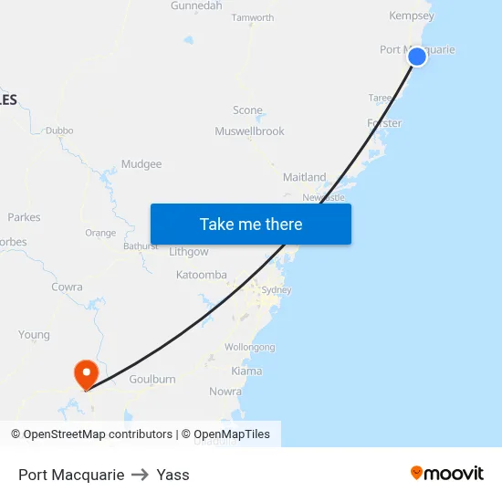 Port Macquarie to Yass map