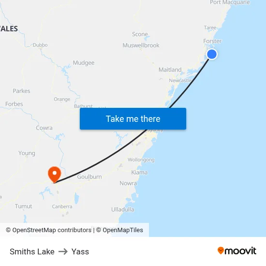 Smiths Lake to Yass map