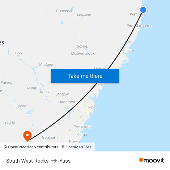 South West Rocks to Yass map