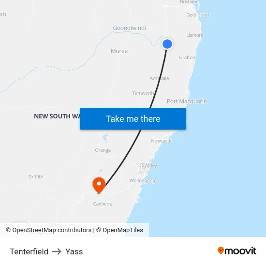 Tenterfield to Yass map