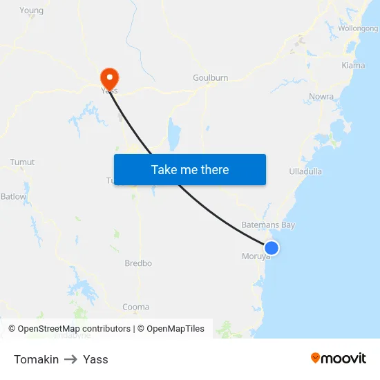 Tomakin to Yass map