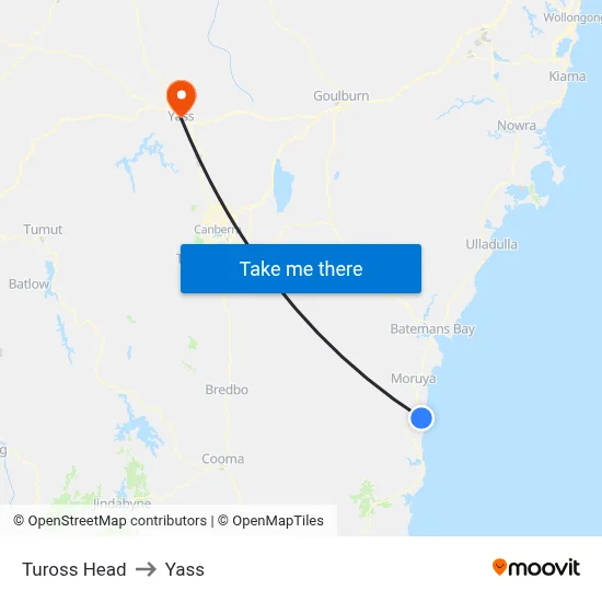 Tuross Head to Yass map