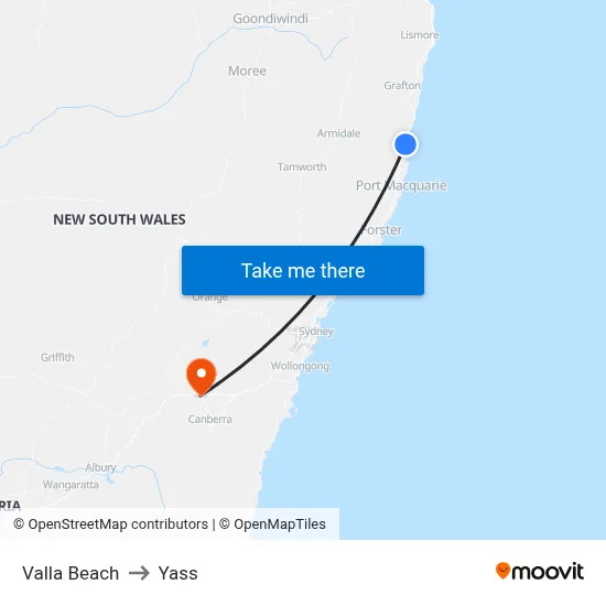 Valla Beach to Yass map