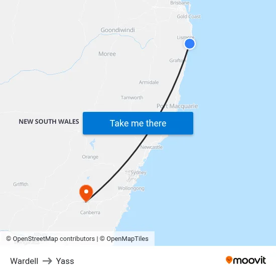 Wardell to Yass map