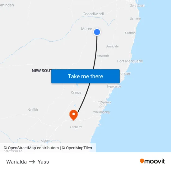 Warialda to Yass map