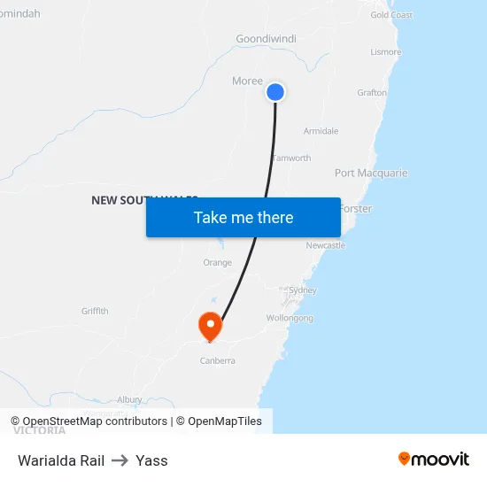 Warialda Rail to Yass map
