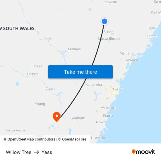 Willow Tree to Yass map