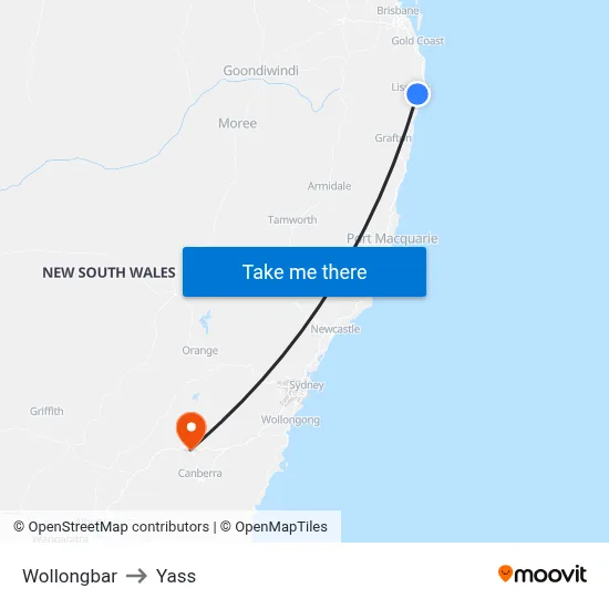 Wollongbar to Yass map