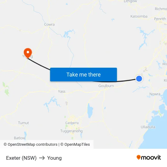 Exeter (NSW) to Young map