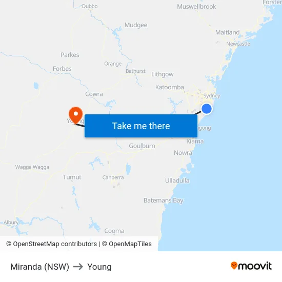 Miranda (NSW) to Young map