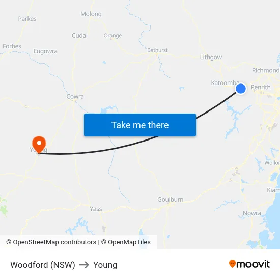 Woodford (NSW) to Young map