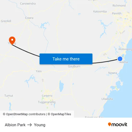 Albion Park to Young map
