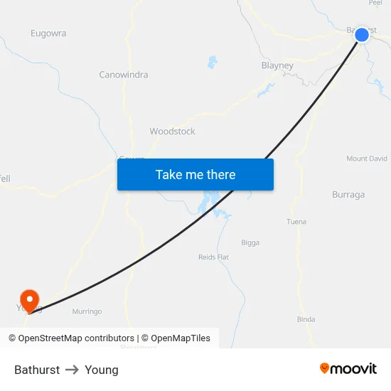 Bathurst to Young map