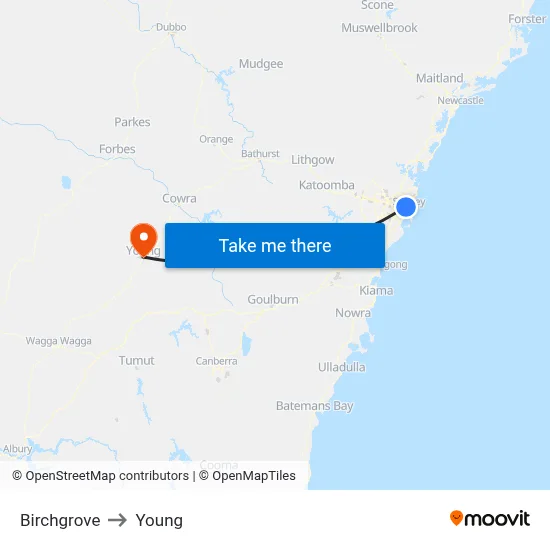 Birchgrove to Young map