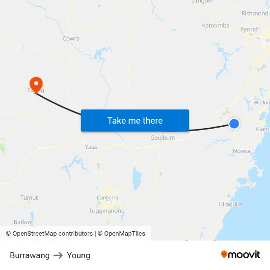 Burrawang to Young map