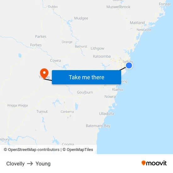 Clovelly to Young map