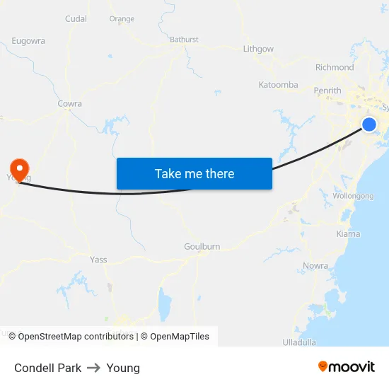 Condell Park to Young map