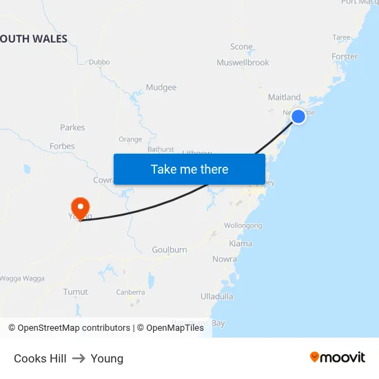 Cooks Hill to Young map