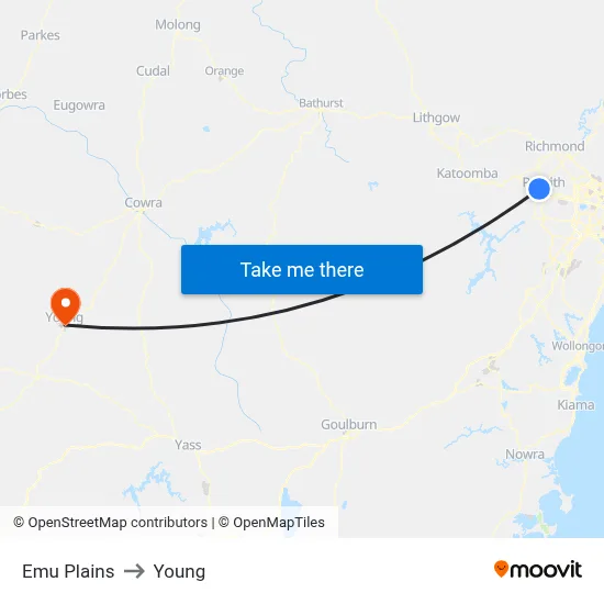 Emu Plains to Young map