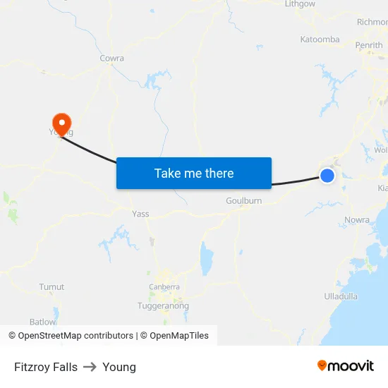 Fitzroy Falls to Young map