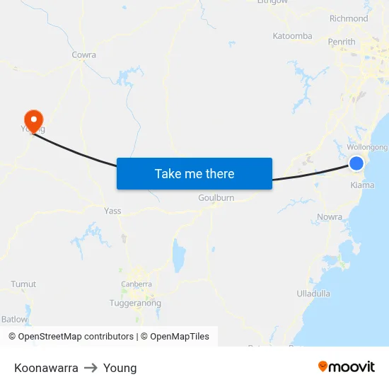 Koonawarra to Young map