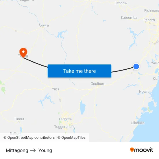 Mittagong to Young map