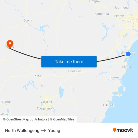 North Wollongong to Young map