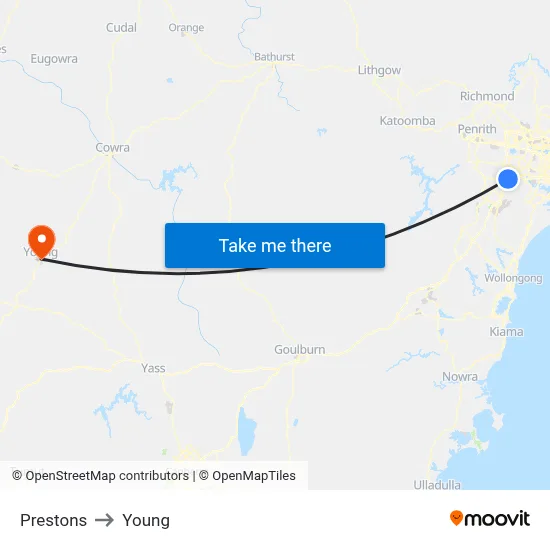 Prestons to Young map