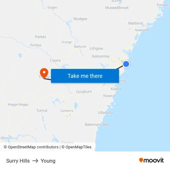 Surry Hills to Young map