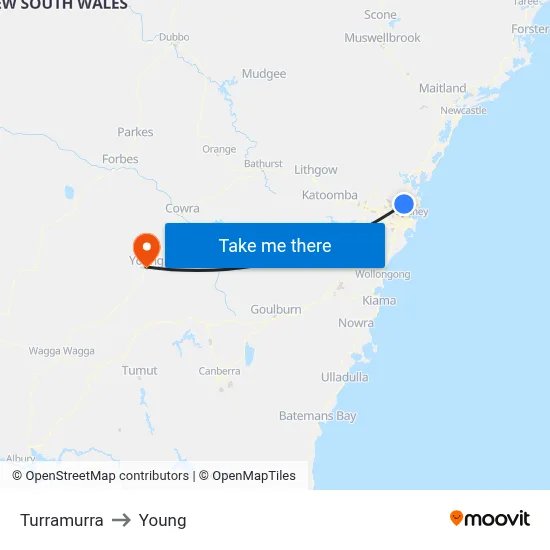 Turramurra to Young map