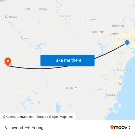 Villawood to Young map