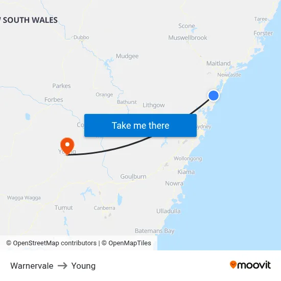 Warnervale to Young map