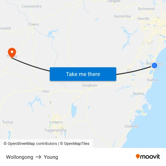 Wollongong to Young map