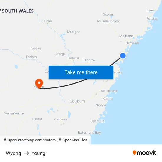 Wyong to Young map