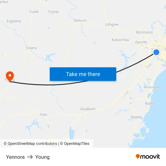 Yennora to Young map