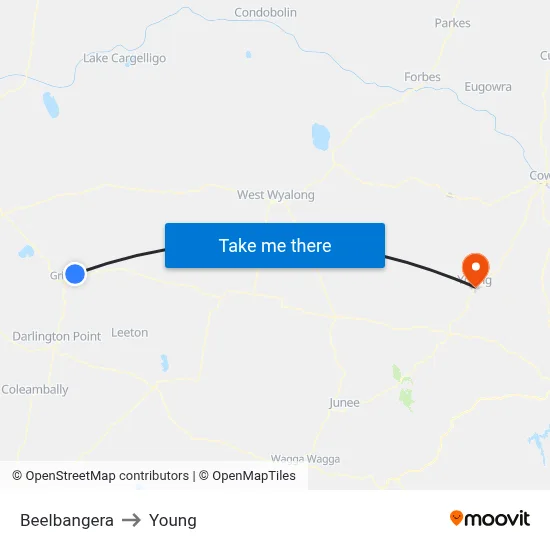 Beelbangera to Young map
