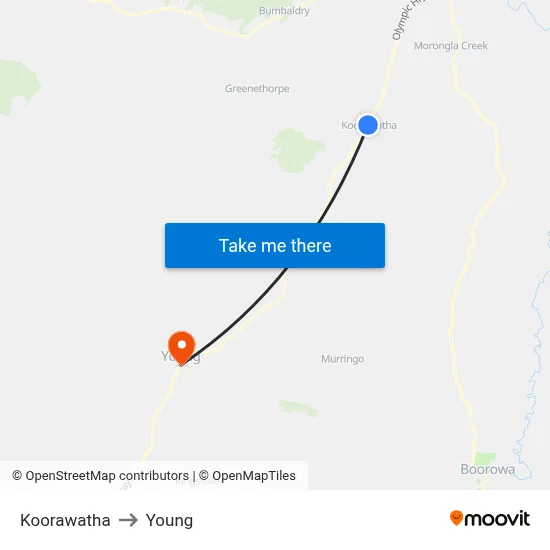 Koorawatha to Young map