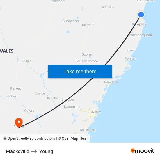 Macksville to Young map