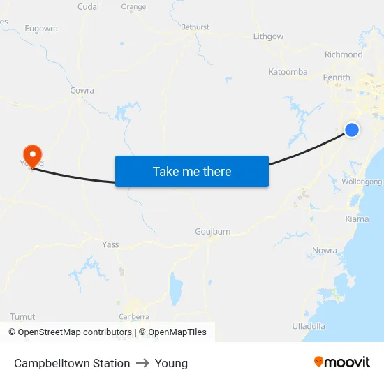 Campbelltown Station to Young map