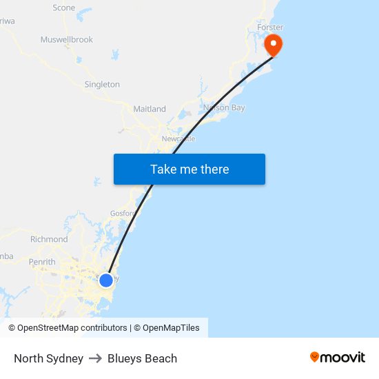 North Sydney to Blueys Beach map