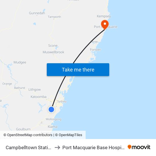 Campbelltown Station to Port Macquarie Base Hospital map