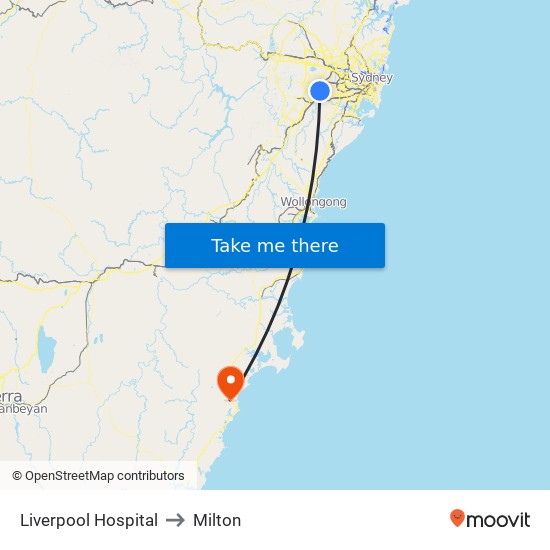 Liverpool Hospital to Milton map