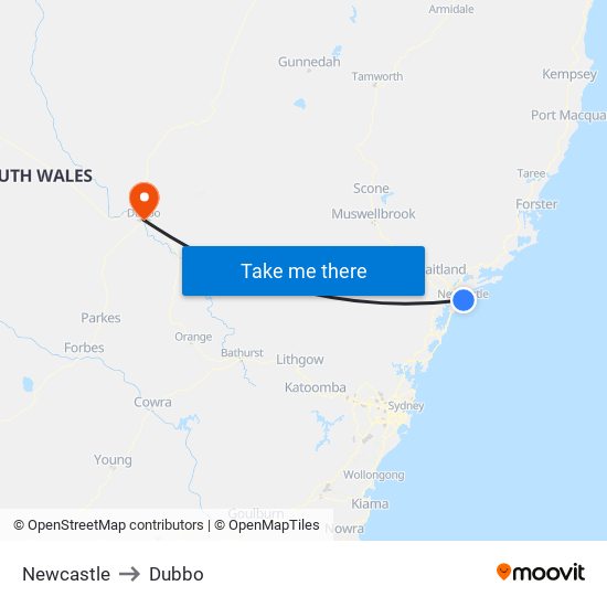 Newcastle to Dubbo map