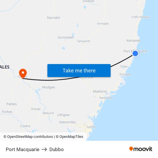 Port Macquarie to Dubbo map