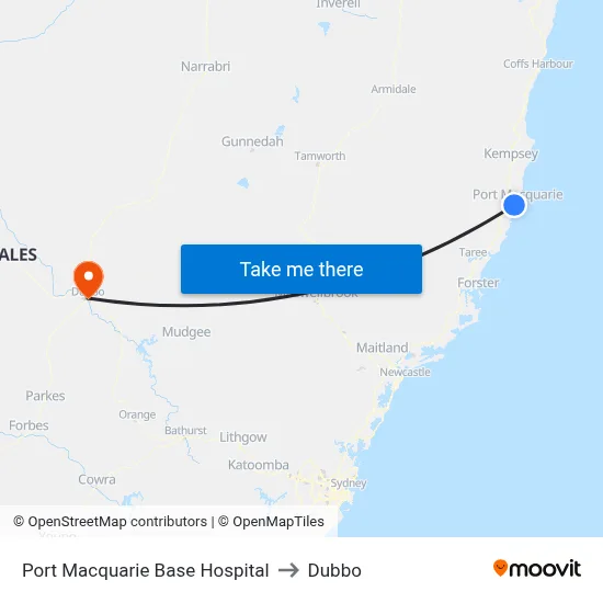 Port Macquarie Base Hospital to Dubbo map