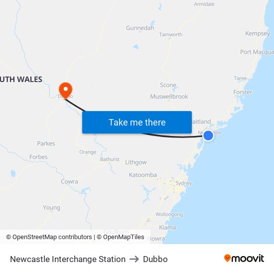 Newcastle Interchange Station to Dubbo map