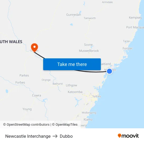 Newcastle Interchange Station to Dubbo map