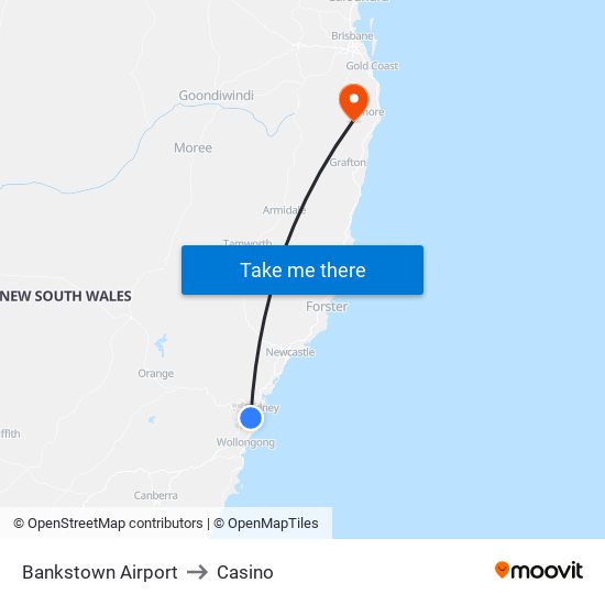 Bankstown Airport to Casino map
