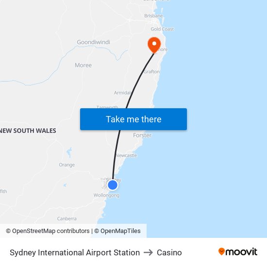 Sydney International Airport Station to Casino map