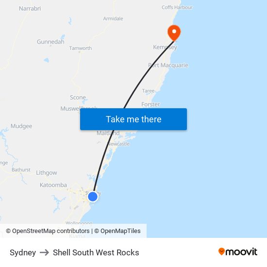 Sydney to Shell South West Rocks map